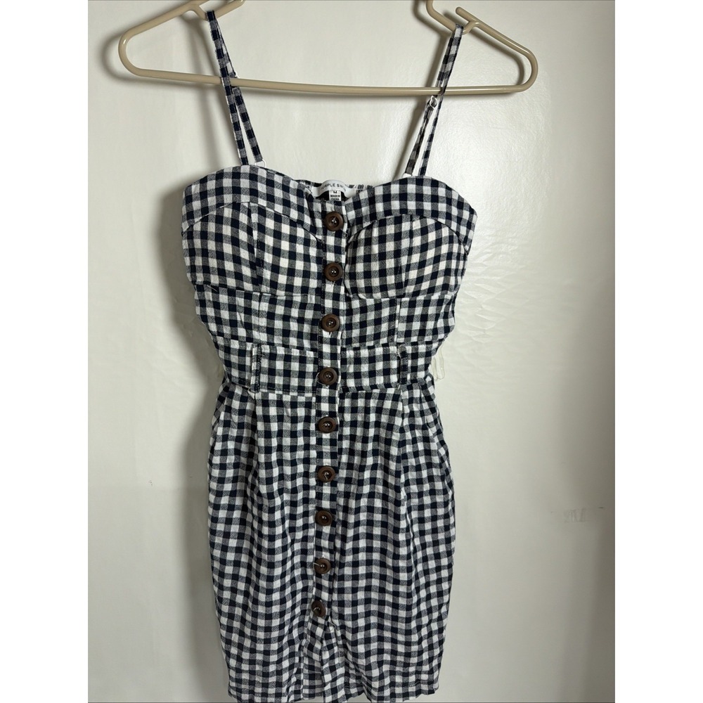 Purple Snow Dress Size Medium Spaghetti Strap Button Cotton Summer Blue Checked
